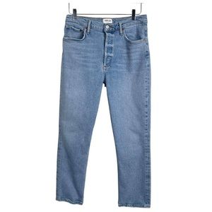 Agolde Riley High Rise Straight Crop Distressed Jeans Size 29 Blue Button Fly
